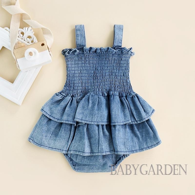 Baga-baby Girl Romper Không Tay Suspender Thiết Kế Xếp Ly Ruffle Hem Đáy Chụp Nút Áo liền quần Dễ Thương