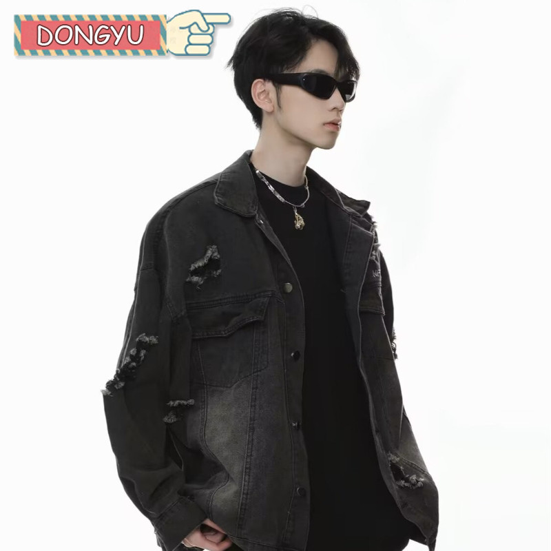 Áo khoác denim rách nam DONGYU, áo rộng cổ điển kiểu Mỹ, áo khoác bảo ...