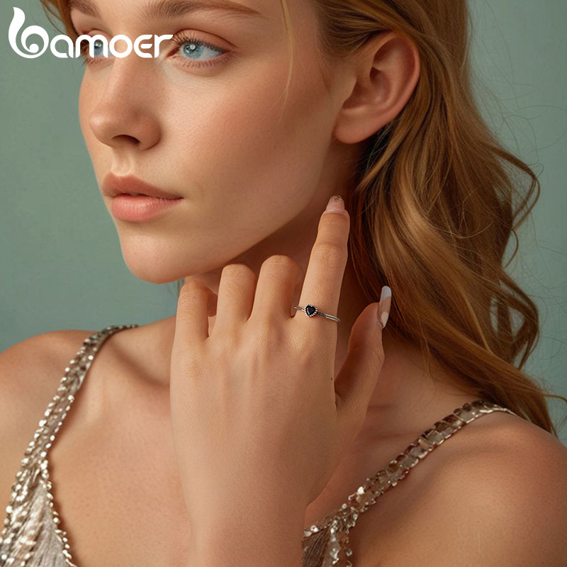 Bamoer 925 Sterling Sliver Nhẫn Có Thể Điều Chỉnh Trái Tim Đen Trang Sức Thời Trang Quà Tặng Cho Nữ