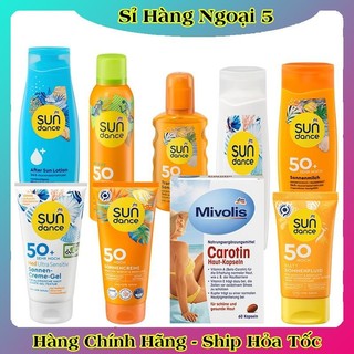 Viên uống chống nắng trắng da Carotin Mivolis, kem chống nắng Sundance của Đức