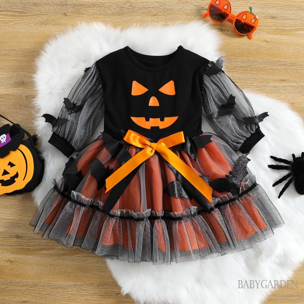 / / -6tháng-4Years Bé Gái Dài Tay In Hình Halloween Váy Chữ A