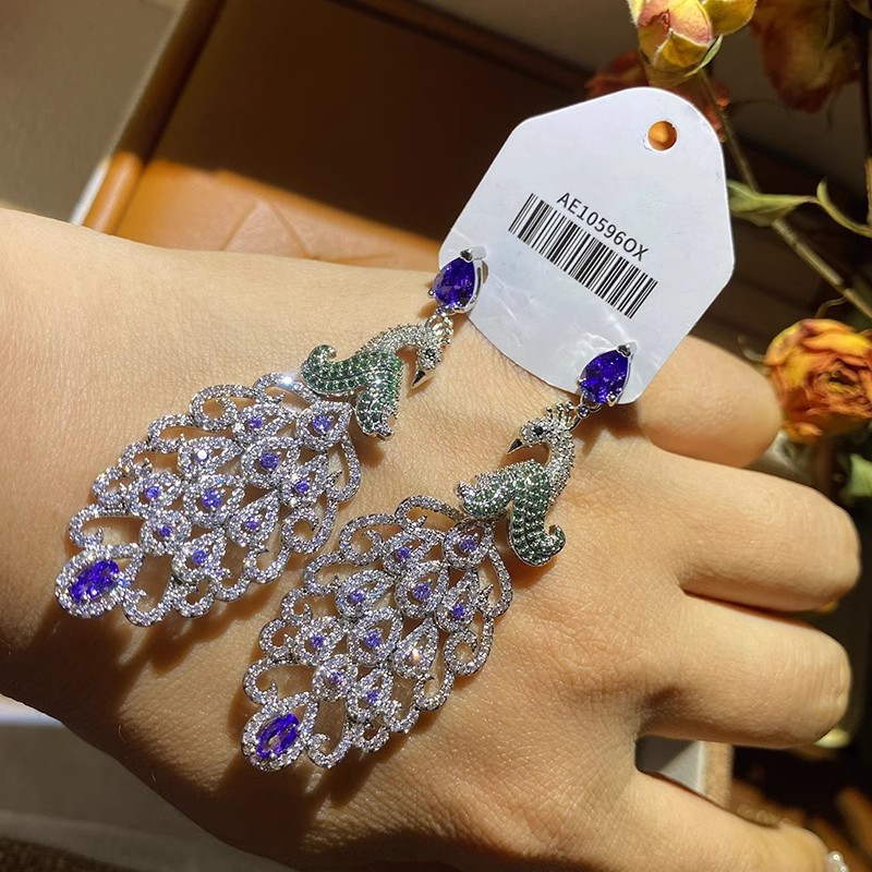 Phong Cách Mới Hình Con Công Zircon Thời Trang Ánh Sáng Bông Tai Sang Trọng s925 Bạc Kim Bông Tai Tinh Tế