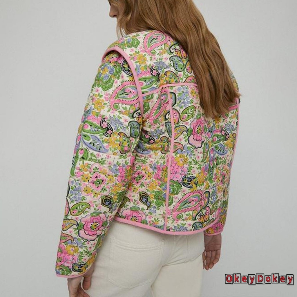 Okdk-nữ Paisley In Quilted Tie Áo Khoác Trước Mùa Đông Thanh Lịch Dài Tay Buộc Hoa Ấm Áp Áo Khoác Thường Ngày