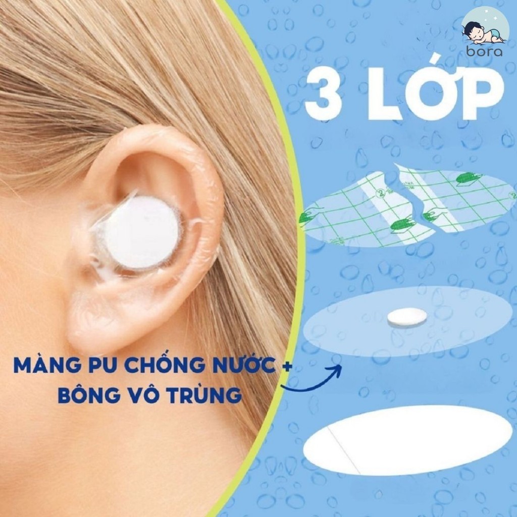 Miếng dán bịt tai chống nước cho bé đi tắm/đi bơi dùng 1 lần có màng PU siêu mỏng, có bông thấm nước [Set 20c có bông]