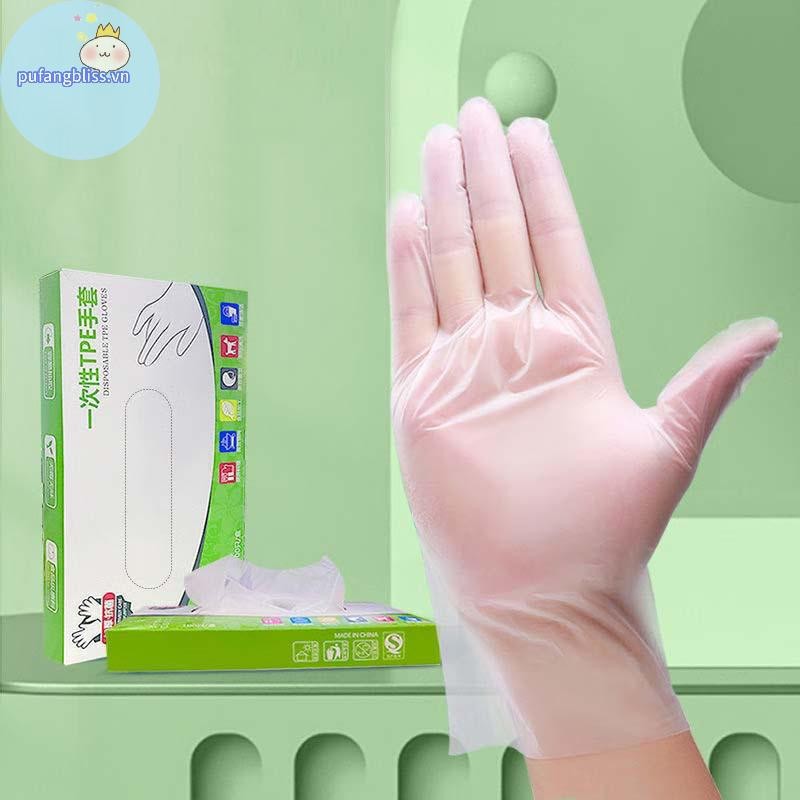 Pufangbliss 100 Cái / hộp Găng Tay Cao Su Miễn Phí TPE Găng Tay Dùng Một Lần Trong Suốt Axit Chống Trơn Trượt An Toàn Làm Việc Cấp Thực Phẩm Găng Tay Vệ Sinh Gia Đình VN