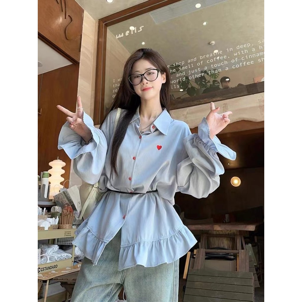 Suxi Pháp Retro Rời Mới Thường Ngày Mùa Thu Tình Yêu Thêu Lá Sen Edge Áo Dài Tay Nữ Top 241002