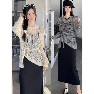 Đầm Thời Trang Phù Hợp Với Nữ Thu Đông 2024 Phong Cách Mới Thời Trang Sang Trọng Hẹp Eo Rỗng Dệt Kim Váy Sling Bộ Đồ Hai Mảnh 10.10