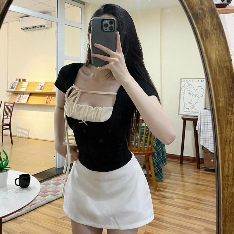 SAM - Áo Nữ Cổ Vuông Tay Ngắn PINKSTORE29 Phối Nơ Kiểu Nhún Ngực A51093