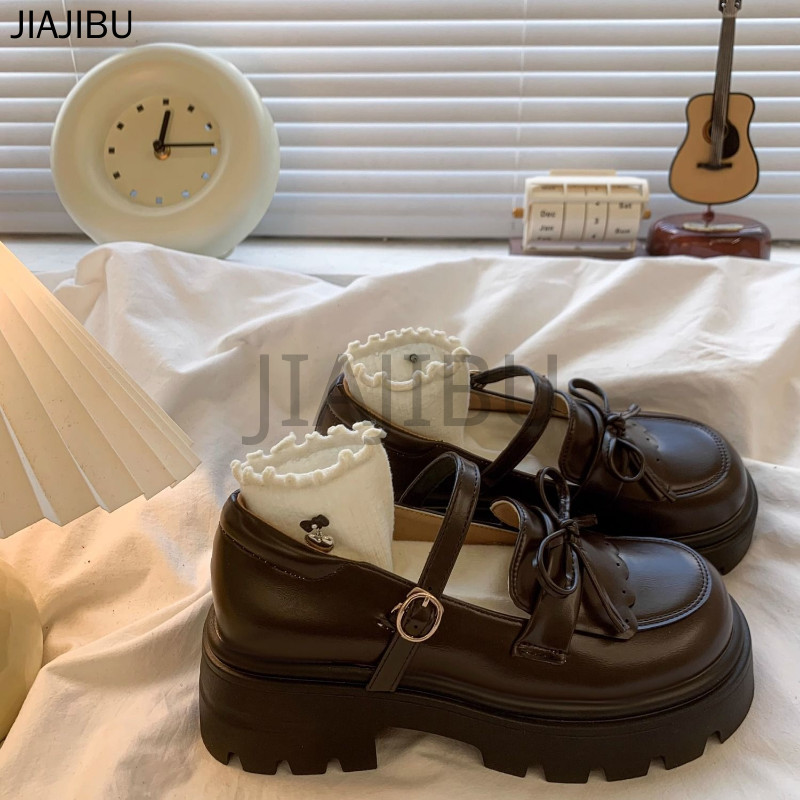 Giày Da Gót Dày Màu Nâu Phong Cách Anh Quốc Giày Nữ Chất Lượng Cao Giày Công Chúa Nơ Cổ Điển Korean Fashion Platform Mary Jane Shoes Giày Đi Học Màu Đen Japanese JK Uniform Cosplay Doll Shoes Giày Lolita Đế Mềm Mũi Tròn Chống Trượt Giày Mũi To
