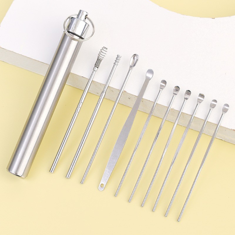 [Nổi bật] 10 Muỗng đào tai bằng thép không gỉ - Dụng cụ làm sạch tai xoắn ốc - Dụng cụ đào tai 360 độ - Di động, tái sử dụng - Dụng cụ làm sạch tai - Phụ kiện làm đẹp