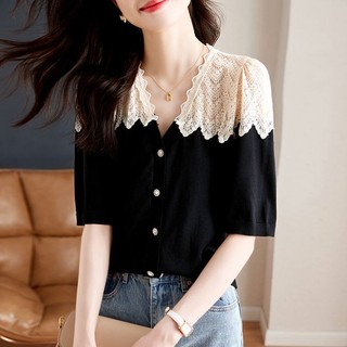 Áo cardigan cổ chữ V ngắn tay phong cách Hepburn Pháp, màu sắc tương phản, trendy 2025