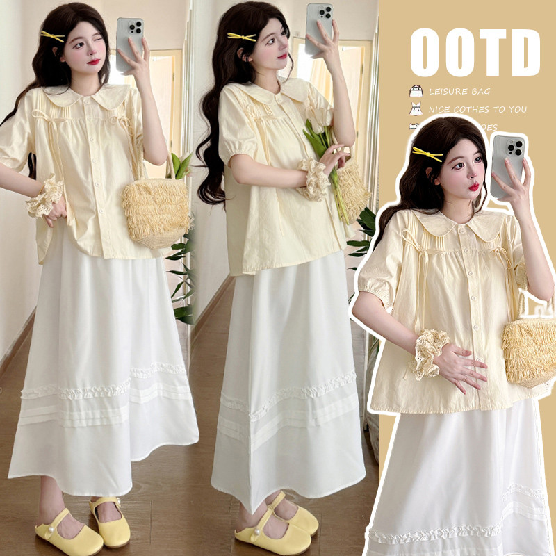 Bộ đồ bà bầu Áo sơ mi thiết kế dáng rộng mùa hè + Váy ren Bộ đồ hai mảnh