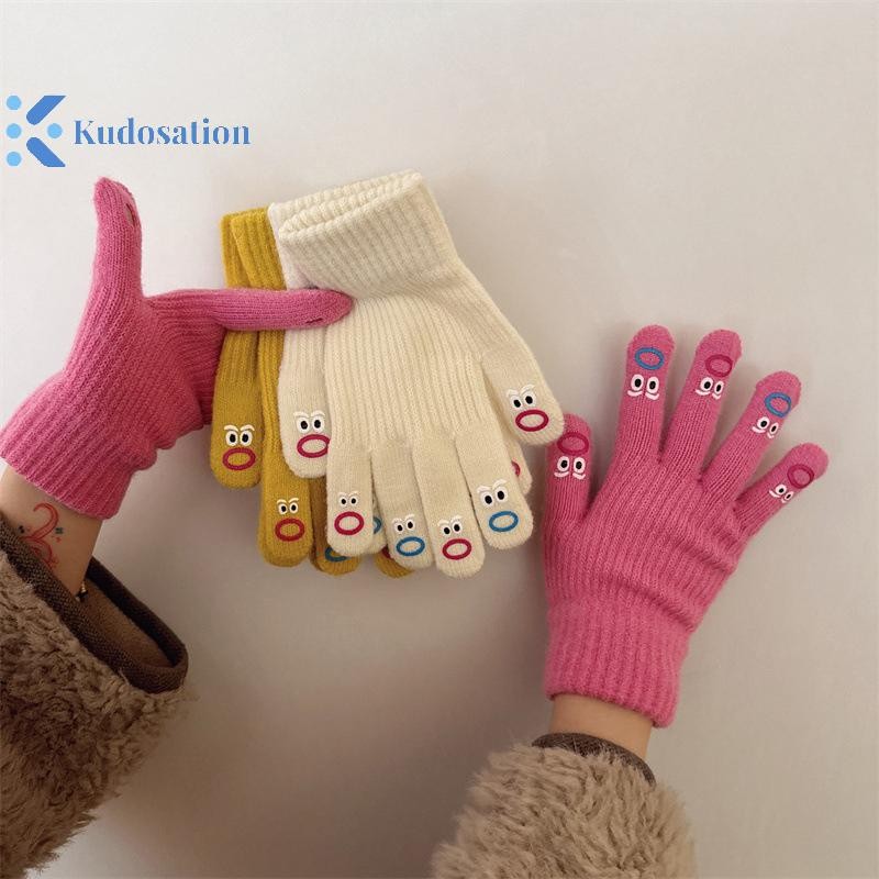 Kudosation 1 Nữ Ngộ nghĩnh Biểu Hiện Mặt Găng Tay Dệt Kim Full Ngón Tay Găng Tay Móc Mềm Găng Tay Hoạt Hình Biểu Hiện Lái Xe Găng Tay