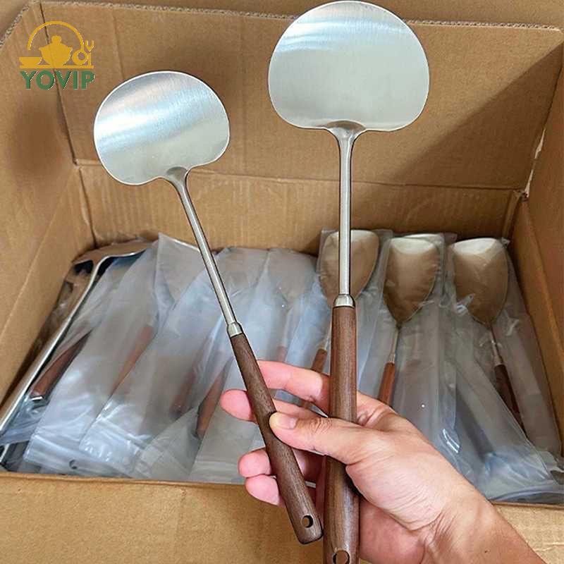 YOVIP Chảo Inox Thìa Nấu Ăn Cụ Thể Đầu Bếp Bằng Gỗ Tay Cầm Dài Nấm Xẻng Nhà Bếp Dụng Cụ Nấu Ăn VN