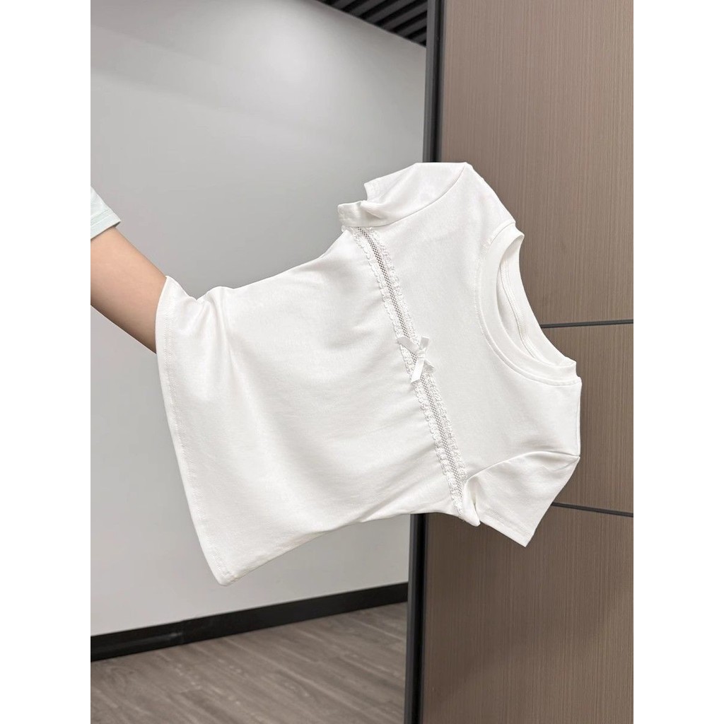 Milyfashion Cotton Nguyên Chất Nơ Trắng Rỗng Cổ Tròn Tay Ngắn T Mùa Hè Slim-fit Ôm Hơn Nhìn Phù Hợp Với Áo Ngắn Nữ tee