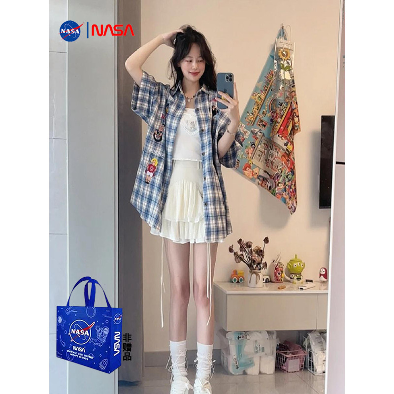 [Yu]Áo khoác sơ mi caro ngắn tay, thiết kế NASA độc đáo, phong cách Nhật Bản mới.