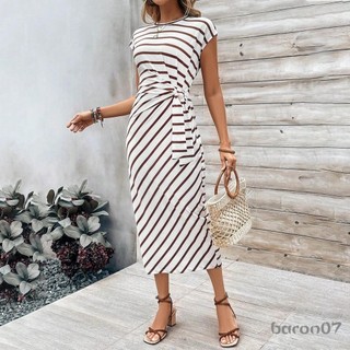 Nữ Đầm Công Sở Sọc In, Cổ Thủy Thủ Thắt Nút Trước Phù Hợp Ngày Thường