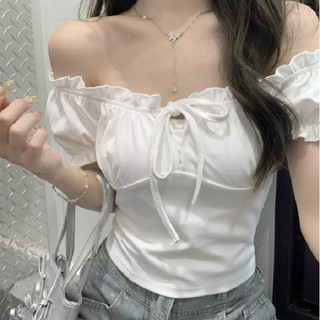 Áo thun nữ mùa hè 2025 cổ vuông tay bồng viền diềm gợi cảm dáng ngắn sexy