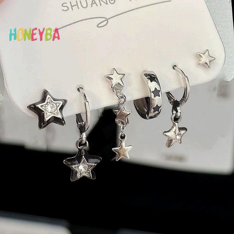 < Honeyba > 6 CÁI BỘ Goth Punk Vintage Thẩm Mỹ Pha Lê Trái Tim Mặt Trăng Chữ Thập Ngôi Sao Mặt Dây Chuyền Bông Tai Dành Cho Nam Nữ Grunge Y2K Phụ Kiện Trang Sức