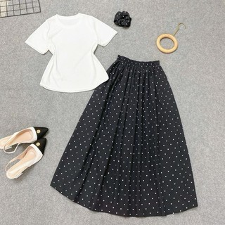 Set Áo Váy Nàng Thơ Bigsize Áo Thun Babytee Ôm Body Kèm Chân Váy Lụa Chấm Bi Nhẹ Nhàng G244+CV422