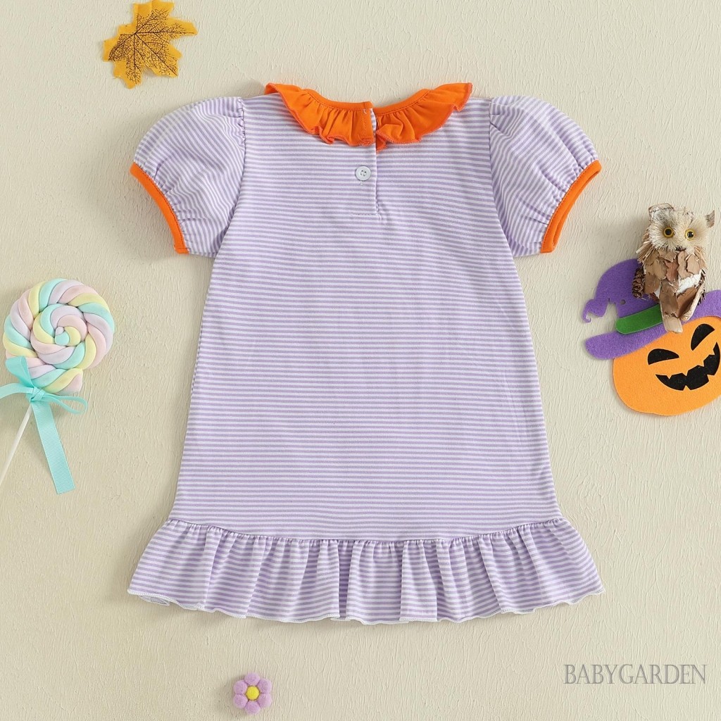 1-5 Tuổi Trẻ Em Bé Gái Halloween Sọc Đầm Bí Ngô Mèo Đen Thêu Tay Ngắn Xù Đầm Dễ Thương Mùa Thu Quần Áo