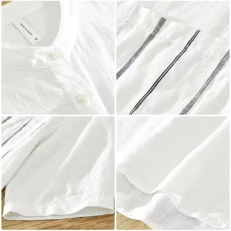 VG Áo sơ mi tay ngắn unisex phong cách Nhật Bản, chất liệu vải lanh thoáng mát, phù hợp mặc hàng ngày mùa hè