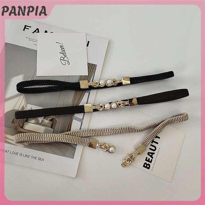 PANPIA-Đỏ Đôi Ngọc Trai Khóa Co Giãn Thắt Lưng Nữ Đen Mỏng Dây Đeo Nữ Váy Váy Trang Trí Dây Thắt Lưng