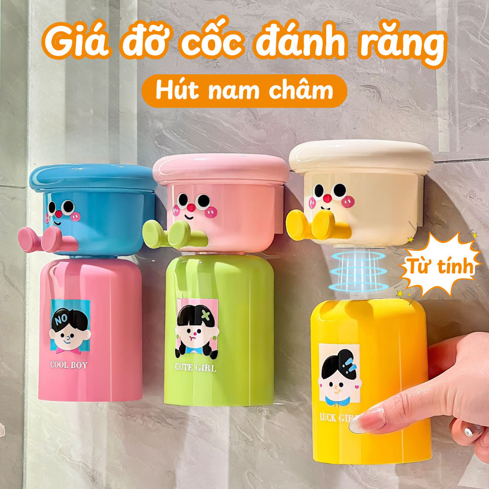 Giá Đỡ Cốc Bàn Chải Đánh Răng Hút Nam Châm Dán Tường, Kệ Đựng Bàn Chải Kèm Cốc Cho Bé