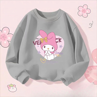 Trẻ em My Melody Kuromi Áo thun cổ tròn dài tay Áo thun hoạt hình nhẹ Trang phục hàng đầu