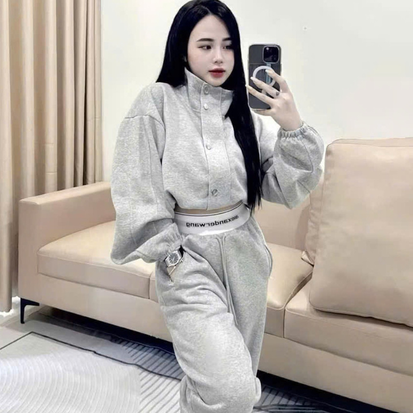 Bộ Nỉ Croptop Khuy Bấm Mix Quần Ống Suông KCloset Màu Xám Tiêu Siêu Hách Dáng NA982