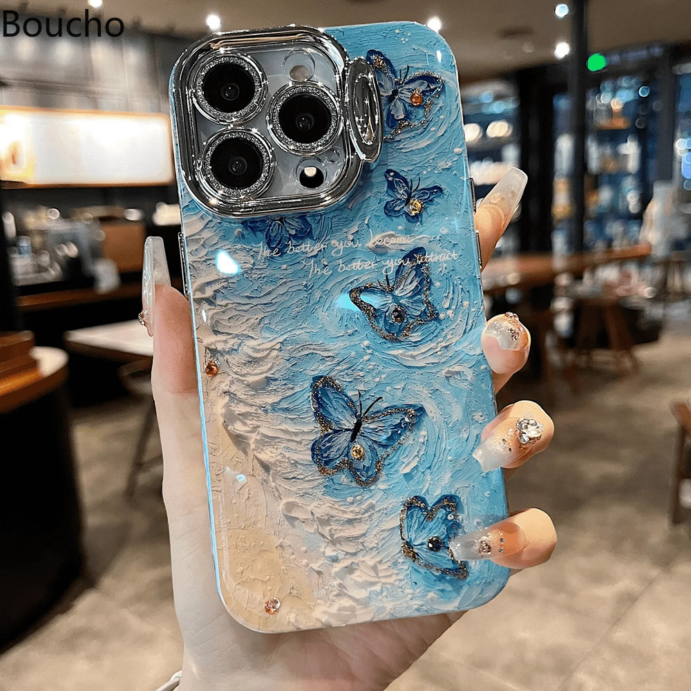 Dành Cho iPhone 13 Pro Tranh Sơn Dầu Hoa Bướm Thỏ Họa Tiết Ốp Lưng Điện Thoại iPhone 11 12 13 14 15 Pro Max 15 plus Ống Kính Bảo Vệ Phim Với Giá Đỡ Cụ Thể Chức Năng Bao