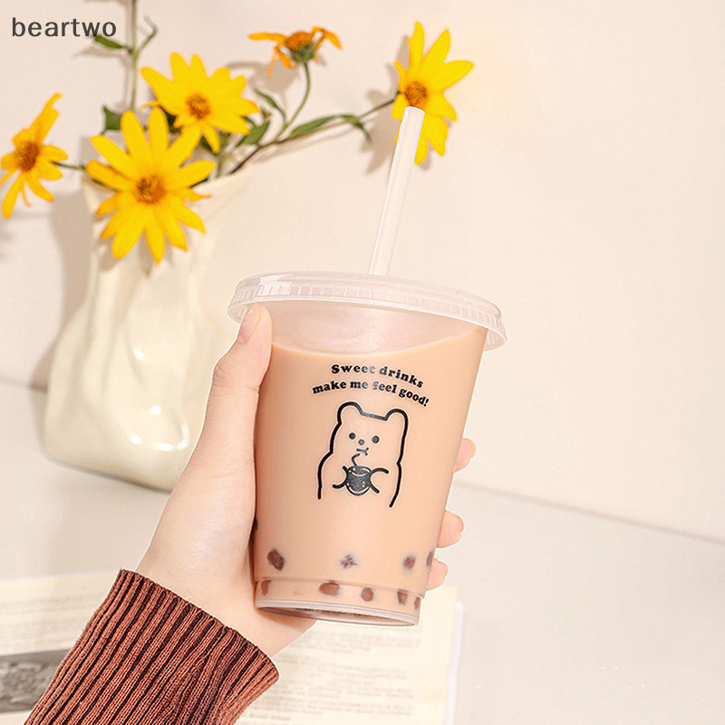< Beartwo > Bình Nước Cho Cà Phê Nước Trà Sữa Nhựa Dễ Thương Lạnh Có Nắp Ống Hút Di Động Có Thể Tái Sử Dụng Đẹp BPA Free Chai Uống