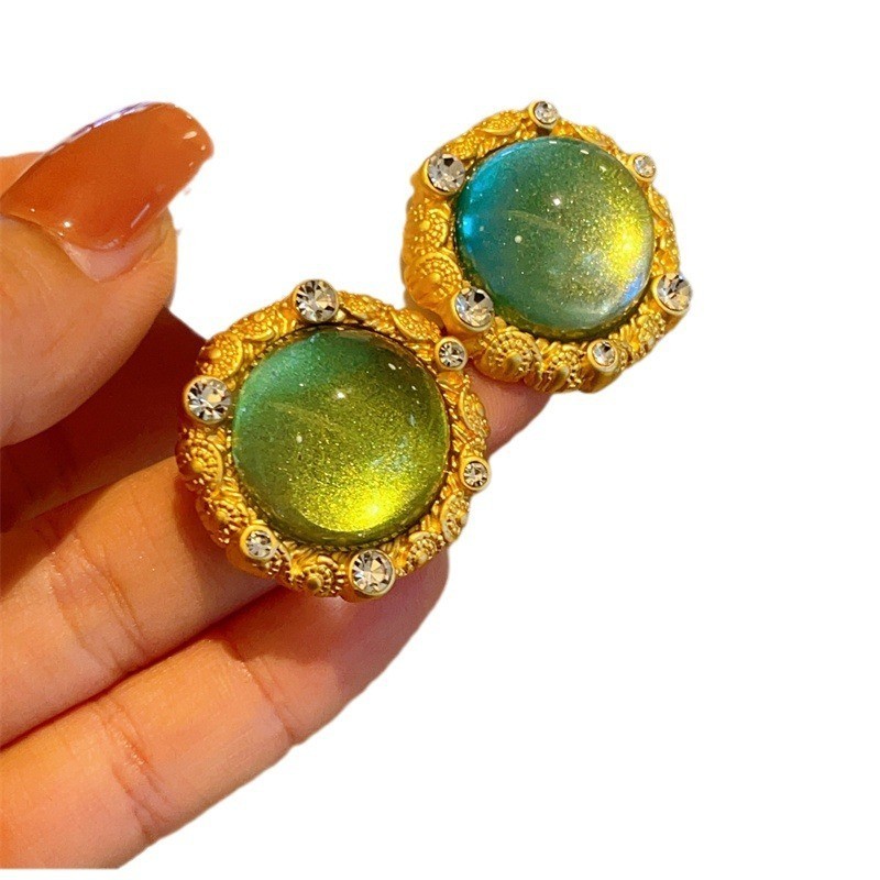 Bông tai pha lê xanh thời trang Hàn Quốc Bông tai tròn khí chất Zircon Bông tai đơn giản