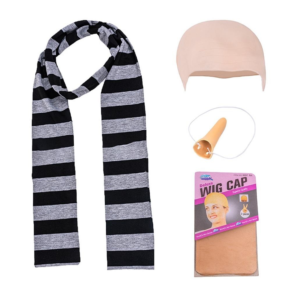 Dụng cụ hóa trang Gru Cos - Bộ phụ kiện trang phục Halloween dành cho nam với khăn sọc đen xám, đầu hói và mũ cosplay