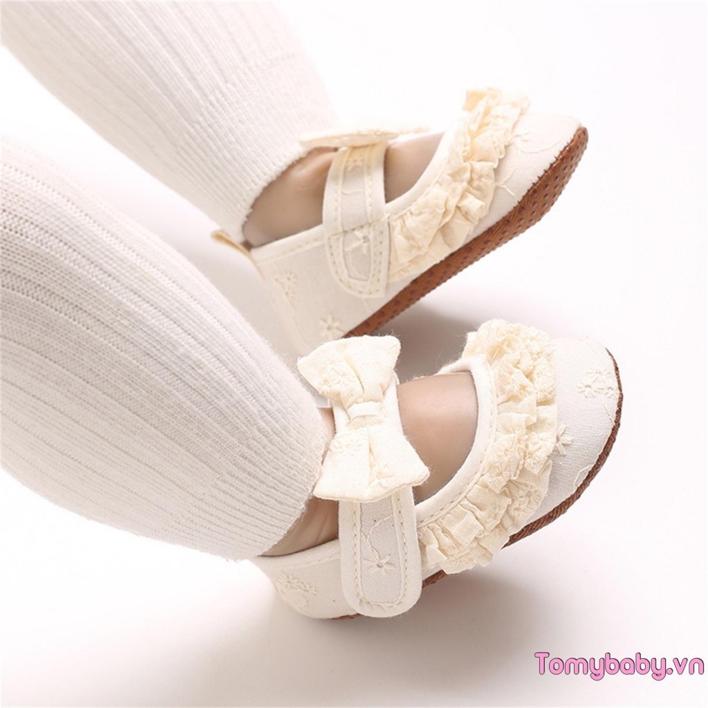 Trẻ Sơ Sinh Bé Gái Đế Bằng Ren Dễ Thương Nơ Đế Mềm Prewalker Chống Trơn Trượt Đầu Tiên Giày Tập Đi