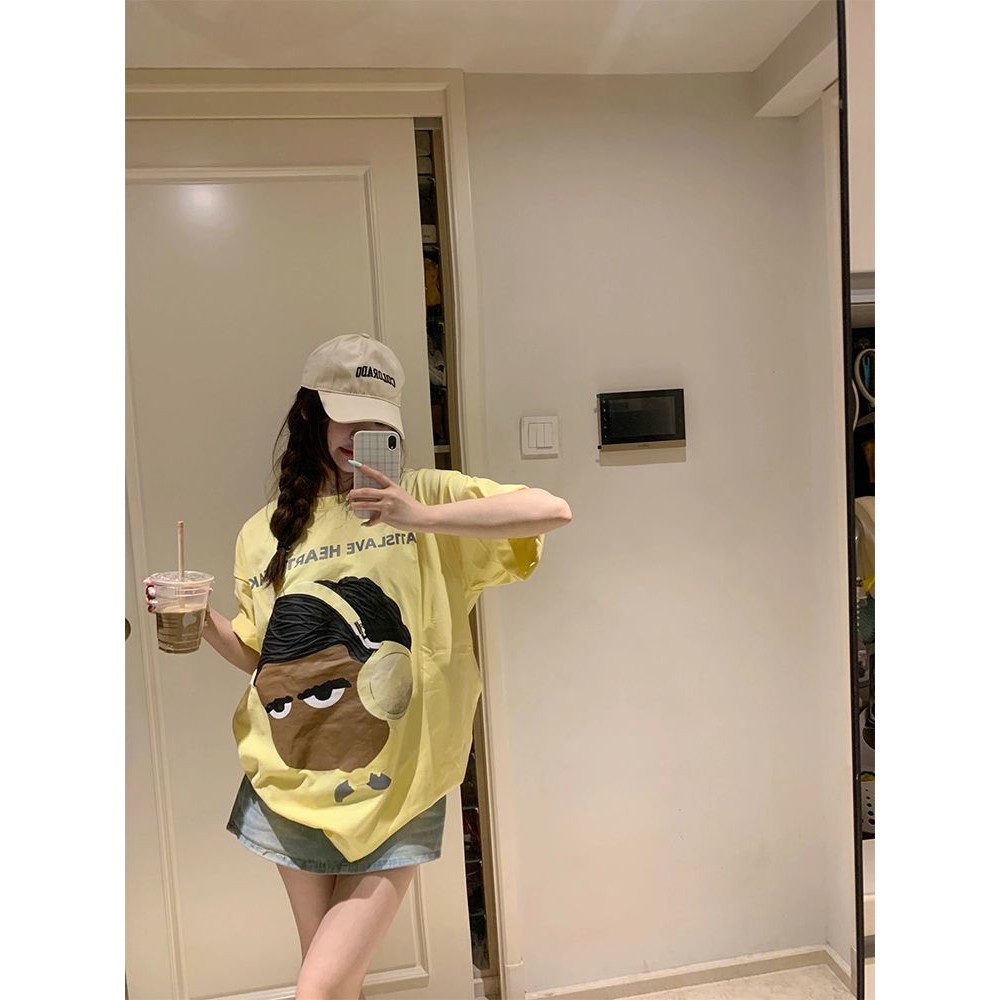 Cotton Nguyên Chất Màu Vàng Kem Hoạt Hình Ngắn Tay Nữ Mùa Hè Rời Top