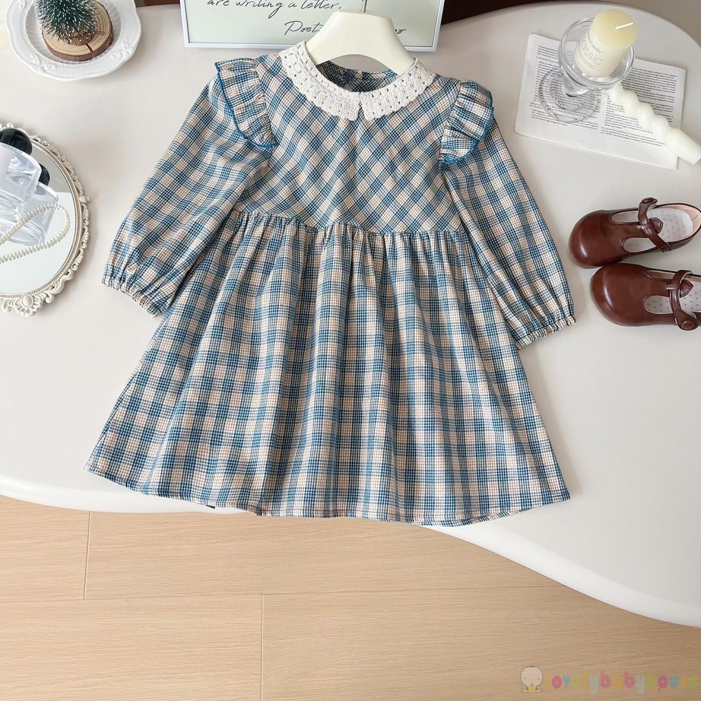 Lbh-đầm Kẻ Sọc Bé Gái Ruffle Viền Cổ Tròn Dài Tay Chữ A Đầm Công Chúa Cho Mùa Thu Xuân