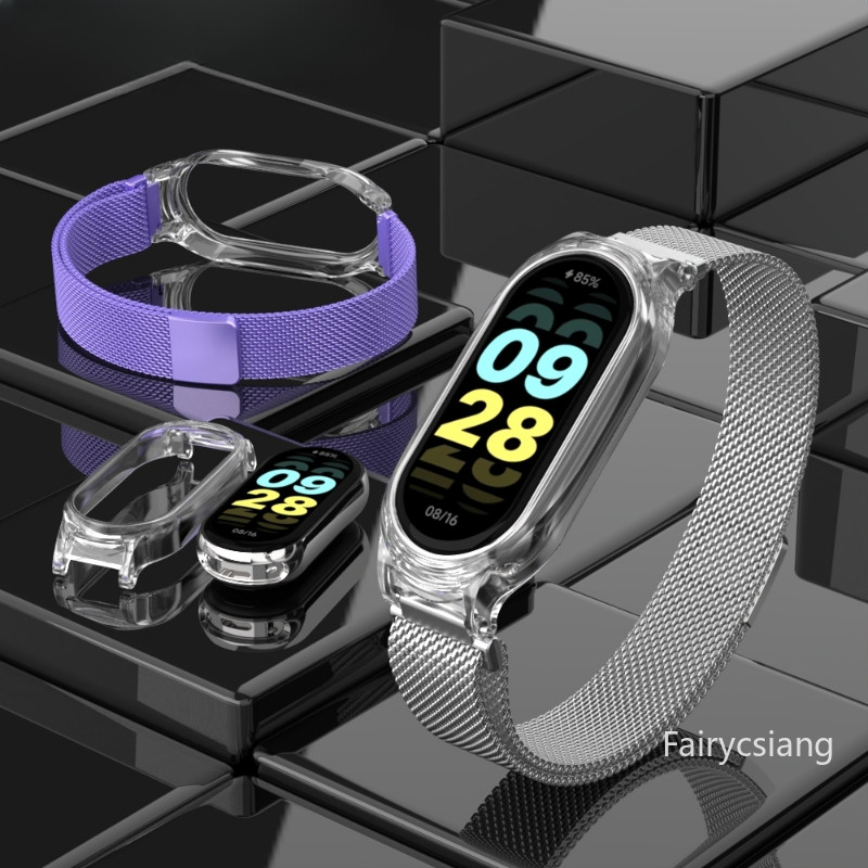 Dây đeo lưới kim loại cho Mi Band 9 8 Smartwatch Dây đeo cổ tay Xiaomi Mi Band 3 4 5 6 7 Vỏ trong suốt Dây đeo đồng hồ từ tính có vỏ trong suốt