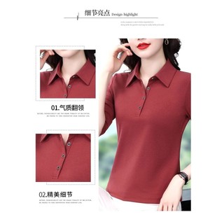 Cotton Nguyên Chất Cổ POLO Dài Tay Chính Hãng Vai Áo Thun Nữ Xuân Thu Phong Cách Mới Trung Niên Mẹ Mặc Tất Cả @
