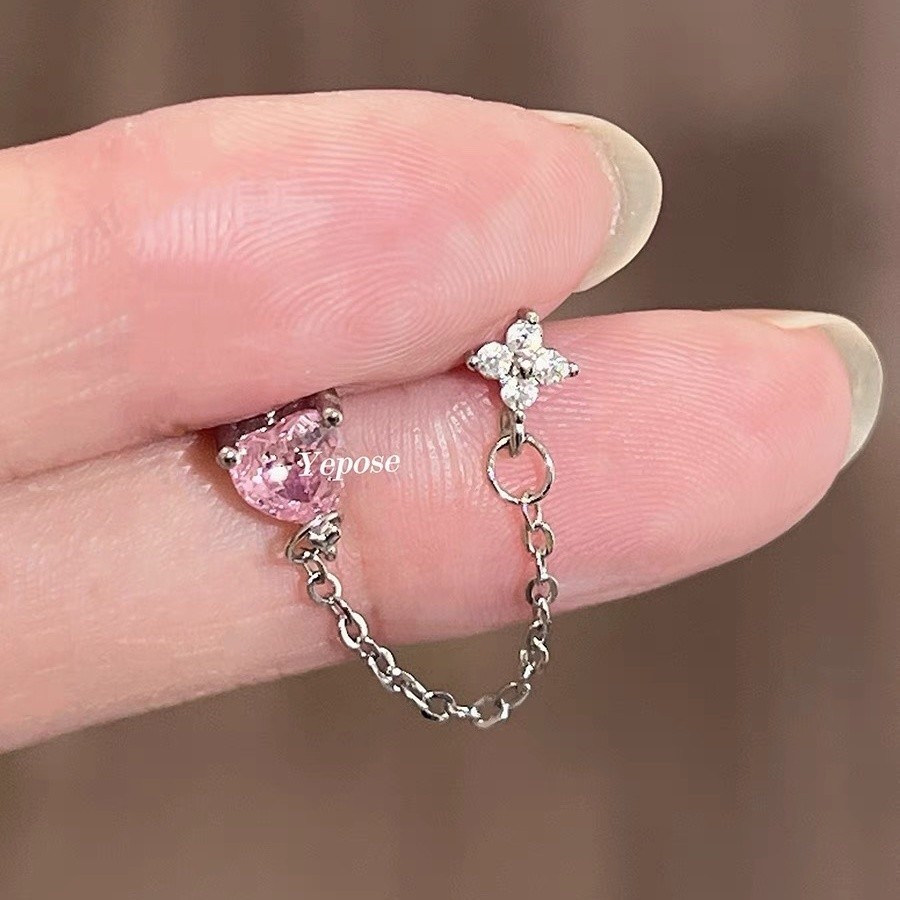 Đôi lỗ tai chuỗi xương tai màu hồng tình yêu Zircon đinh xương bằng thép Titan xoắn ốc thiết kế cảm giác bông tai thích hợp Bông tai