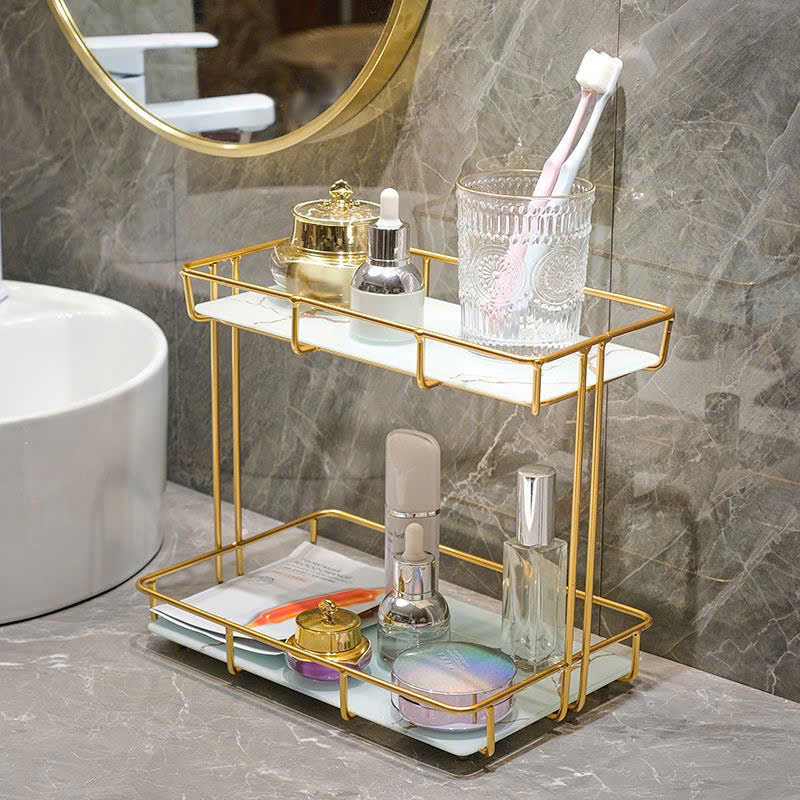 Kệ Để Đồ Nhà Tắm Mạ Vàng Nhiều Tầng - Giá Để Mỹ Phẩm Bàn Trang Điểm Mặt Kính Sang Trọng Decor