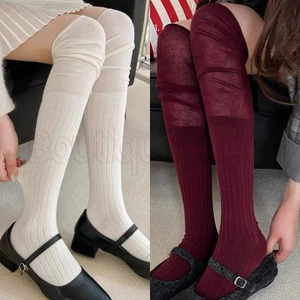 Tất xếp chồng cao đến đầu gối - Tất cao đùi Cotton - Phong cách Nhật Bản, thoáng khí, JK Lolita - Vớ dài đến đầu gối nữ màu trơn