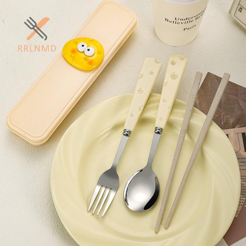 Rrlnmd Thép Không Gỉ Dễ Thương Thìa Phô Mai Nĩa Lúa Mì Chop Bộ Ba Món Học Sinh Trẻ Em Di Động Bộ Đồ Ăn Hộp Bảo Quản MỚI