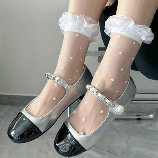 Tất ống vừa viền ren trắng - Dành cho váy dự tiệc mùa hè - JK, Lolita, ngọt ngào - Co giãn, thoáng khí, siêu mỏng, trong suốt - Tất bê - Vớ lụa chấm bi