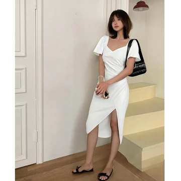 Váy dạ hội trắng Dễ thương Màu kem Tweed Vải dự tiệc Váy dài có khe bên Thoải mái khi mặc
