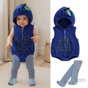 / / -Baby Girls Boys Trang phục hóa trang không tay có mũ trùm đầu Blueberry In áo liền quần có vớ sọc Quần áo Halloween