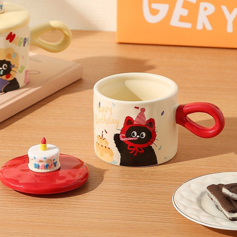 Cốc Sứ Sinh Nhật Nắp Bánh Kem Hình Mèo Cute – Ly Sứ Happy Birthday Tặng Sinh Nhật Độc Đáo Cho Bạn Bè, Người Yêu