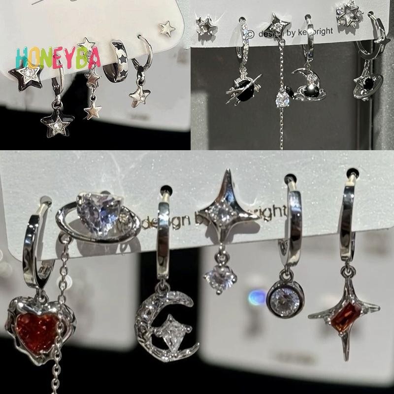 < Honeyba > 6 CÁI BỘ Goth Punk Vintage Thẩm Mỹ Pha Lê Trái Tim Mặt Trăng Chữ Thập Ngôi Sao Mặt Dây Chuyền Bông Tai Dành Cho Nam Nữ Grunge Y2K Phụ Kiện Trang Sức