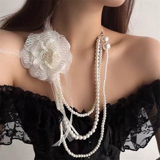 Đai cổ Y2K giả ngọc trai ren nhiều lớp, phong cách vintage