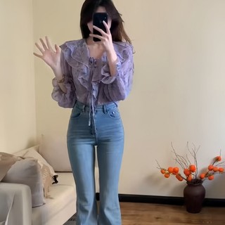 Cổ chữ V, tay nấm ba chiều, voan tím, áo sơ mi họa tiết xù - Size lớn cho ngày thường